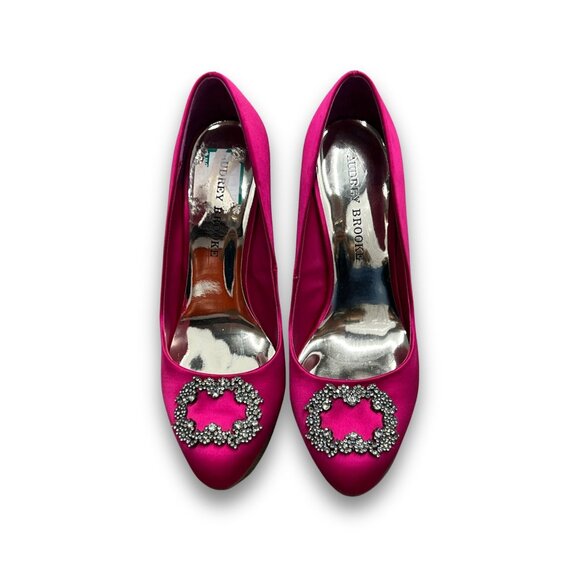 Audrey Brooke Fuchsia Bella Heels 8.5M Satin Upper & Leather Sole With Rhineston - Picture 2 of 6